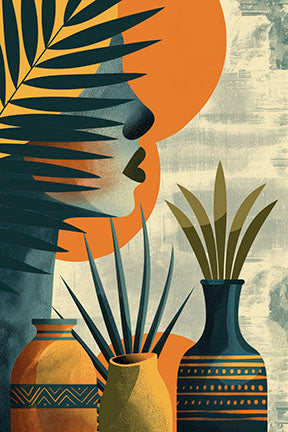 Wadi Home abstract botanical face wall art with warm orange, teal, and earthy tones. Features a female profile with tropical foliage and vases.