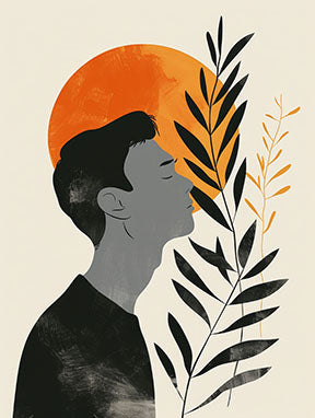 Wadi Home abstract wall art: man profile with orange sun and black leaves, modern minimalist canvas print.