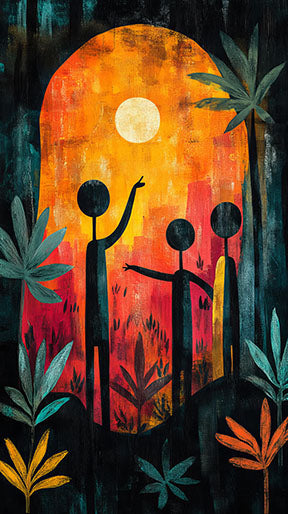 Wadi Home abstract canvas print of stylized figures under a moonlit orange sky with dark foliage. Modern art.