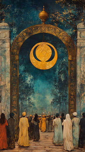 Wadi Home artwork: Golden crescent moon symbol above a gathering of figures under an ornate archway with deep blue and earthy tones.