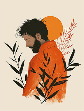 Wadi Home abstract wall art of a man in an orange shirt with black foliage and an orange sun.