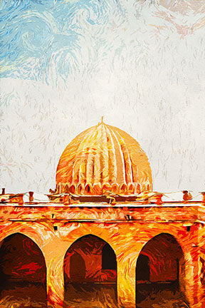 Wadi Home architectural dome artwork with warm earthy tones and textured brushstrokes, depicting a domed structure with arches.