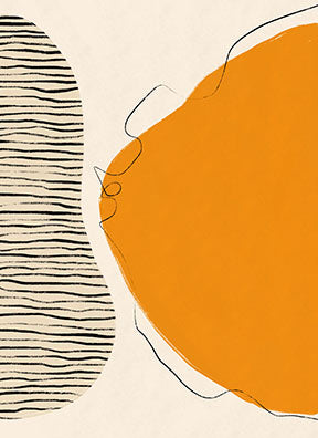 Wadi Home abstract wall art with orange and black organic shapes on a cream background, minimalist design.