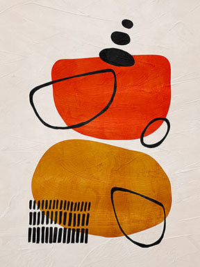 Wadi Home abstract geometric canvas art with orange, ochre, and black shapes on textured cream background.
