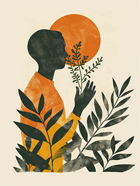 Wadi Home abstract wall art featuring a dark silhouette of a person smelling a plant with an orange sun and green leaves.