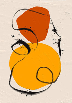 Wadi Home abstract wall art with orange and yellow circles and black lines on a textured cream background.