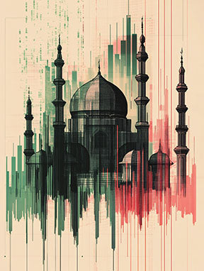 Wadi Home abstract mosque wall art with green and red accents on a cream background. Modern Islamic art print.