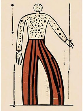 Wadi Home abstract figure wall art with black dots and red & black stripes on cream background.