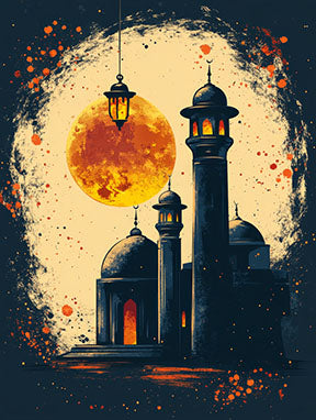 Wadi Home Islamic mosque artwork with glowing moon and lanterns. Dark blue mosque silhouette against a vibrant orange moon.