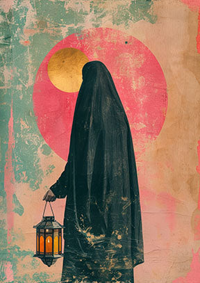 Wadi Home Mystic Lantern Woman Wall Art featuring a figure in black holding a lantern against a pink sun and textured background.