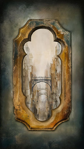 Wadi Home Ornate Archway Landscape Wall Art with bridge and textured, atmospheric distant city.