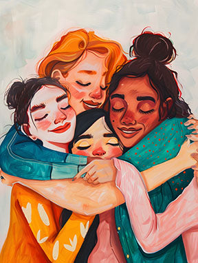 Wadi Home Embrace Of Friendship wall art, diverse women in warm colors sharing a tender embrace, painterly style.