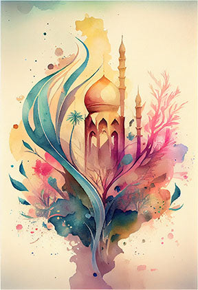Wadi Home abstract mosque watercolor wall art with vibrant blues, pinks, and yellows. Islamic architecture blended with modern art.