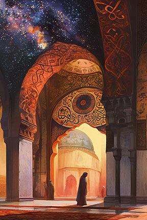 Wadi Home Islamic architecture under a starry sky canvas print. Features arches, domes, and celestial patterns in warm gold and deep blue hues.