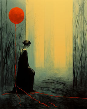 Wadi Home framed art print of a woman in a black dress holding a red balloon in a misty forest.