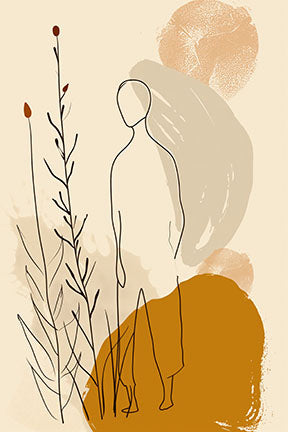 Wadi Home abstract line art print featuring a figure and botanical elements in ochre, beige, and cream.