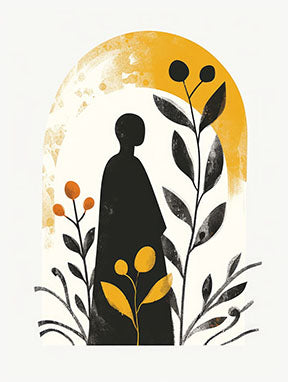 Wadi Home Abstract Silhouette Botanical Archway Wall Art with black figure, yellow sunburst, and botanical elements.