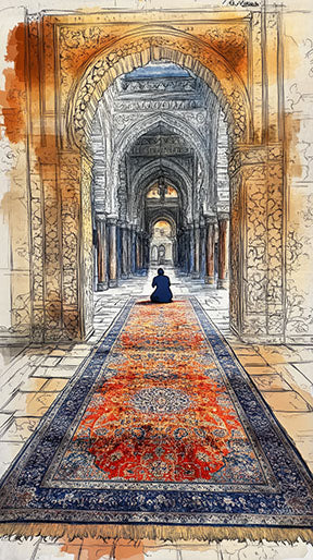 Wadi Home Islamic archway artwork with a lone figure praying on a vibrant, patterned rug. Sketch and watercolor style.