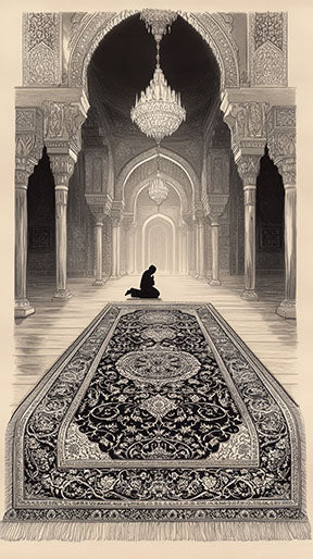Wadi Home Islamic prayer scene wall art, monochrome illustration of a figure praying on an ornate rug in an arched hall.