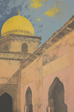 Wadi Home Golden Dome architectural print featuring a vibrant yellow dome, textured walls, and azure sky with yellow clouds.