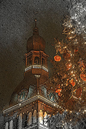 Wadi Home Festive Cathedral Christmas Tree Wall Art, featuring a cathedral dome and decorated Christmas tree with warm lights and orange slices.