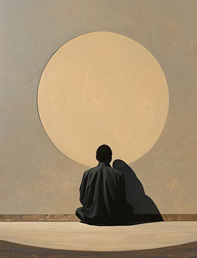 Wadi Home couple embracing silhouetted against a large, muted yellow sun. Minimalist wall art.