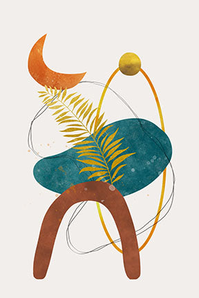 Wadi Home abstract geometric botanical wall art with terracotta arch, teal shape, orange crescent moon, and gold fern frond.