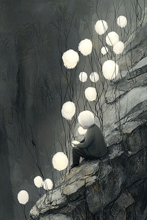 Wadi Home artwork: Solitary figure reading on rocks surrounded by glowing orbs, muted colors, atmospheric.