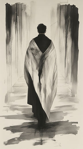 Wadi Home abstract wall art of a figure in a robe walking down a monochromatic hallway, expressive brushstrokes.