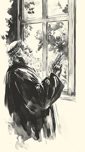Wadi Home black and white watercolor art print of an elderly man with a beard, wearing a prayer cap, praying by a window. The artwork has a serene and contemplative feel.