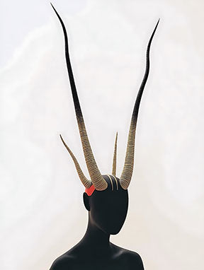 Wadi Home abstract wall art featuring a black silhouette with large, textured, golden antlers and a red accent.