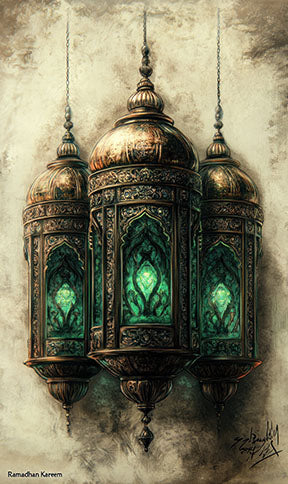 Wadi Home Ornate Hanging Lantern Wall Art with three antique bronze lanterns featuring emerald green accents, Ramadan themed.