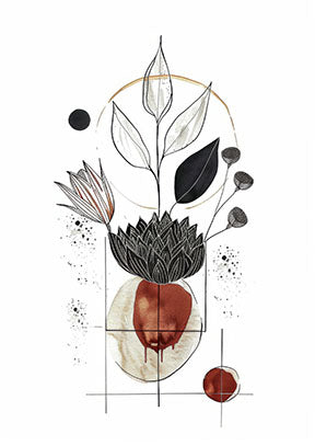 Wadi Home abstract botanical line art featuring black and white leaves, a terracotta shape, and gold accents in a minimalist design.