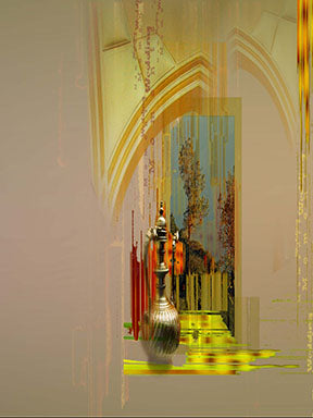 Wadi Home abstract archway art print with golden accents and warm neutral tones, depicting architectural elements and shimmering metallic details.
