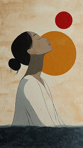 Wadi Home abstract wall art of a woman in profile with sun and moon motifs in earthy tones.