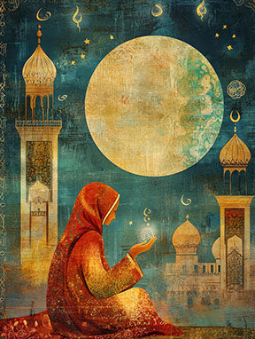 Wadi Home Islamic Mosque and Moon canvas art. A person in a red hijab prays under a large moon with mosque silhouettes.
