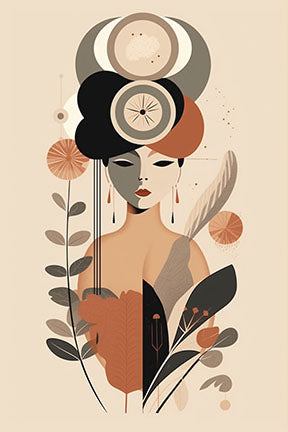 Wadi Home abstract botanical portrait wall art featuring a stylized female figure with terracotta, beige, and black floral elements.