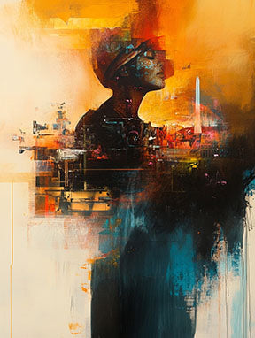 Wadi Home abstract wall art featuring a figure silhouette with cityscape elements in warm oranges, blues, and earthy tones.