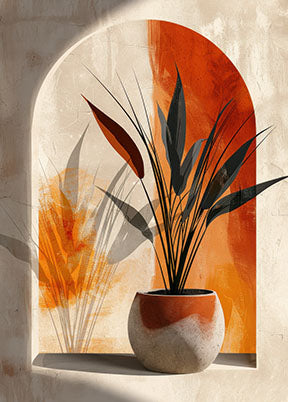Wadi Home abstract plant archway wall art with terracotta pot and dark green leaves, warm orange and beige tones.
