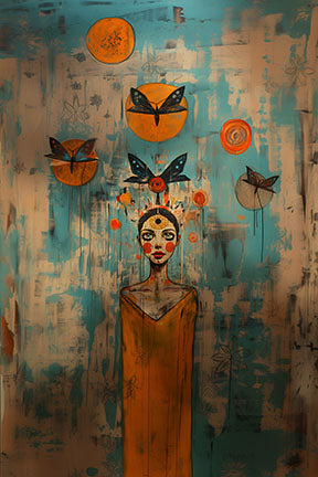Wadi Home abstract portrait wall art with butterflies, teal, ochre, rust colors, bohemian style.
