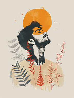 Wadi Home abstract wall art of a man looking up at a sun, with botanical elements in earthy tones.