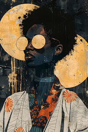 Wadi Home abstract portrait art print featuring a profile with large round sunglasses against a textured golden moon.