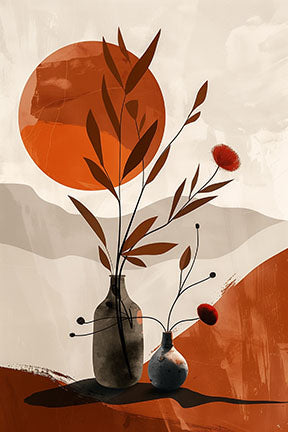 Wadi Home abstract botanical vase wall art in burnt orange, beige, and brown. Features minimalist floral elements and a sun motif.