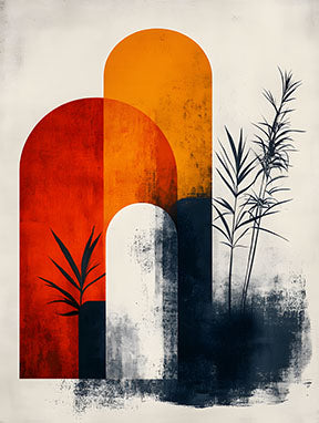 Wadi Home abstract arch botanical wall art with warm oranges, deep reds, navy blues, and plant silhouettes.