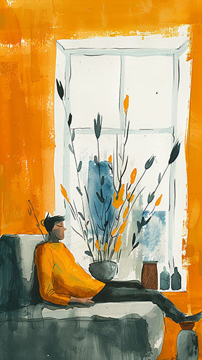Wadi Home abstract wall art of a person in a yellow sweater relaxing on a sofa, with a window and plants. Orange, blue, and grey tones.