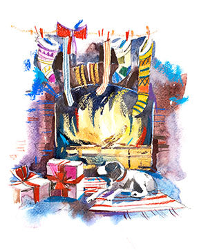 Wadi Home watercolor painting of a cozy Christmas fireplace scene with stockings, gifts, and a dog.