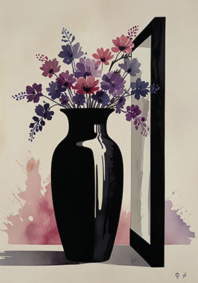 Wadi Home Abstract Floral Vase Wall Art featuring a black vase with purple and pink abstract flowers on a watercolor background.