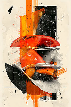 Wadi Home abstract wall art with bold orange, black, and white shapes, layered textures, and sharp lines.