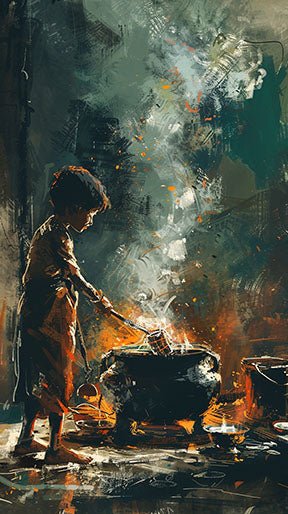 Wadi Home nostalgic wall art of a child stirring a pot over a fire, painterly style, dramatic colors.