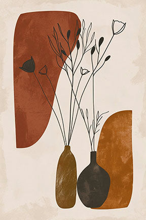 Wadi Home abstract botanical wall art with minimalist vases and organic shapes in terracotta, ochre, and brown.